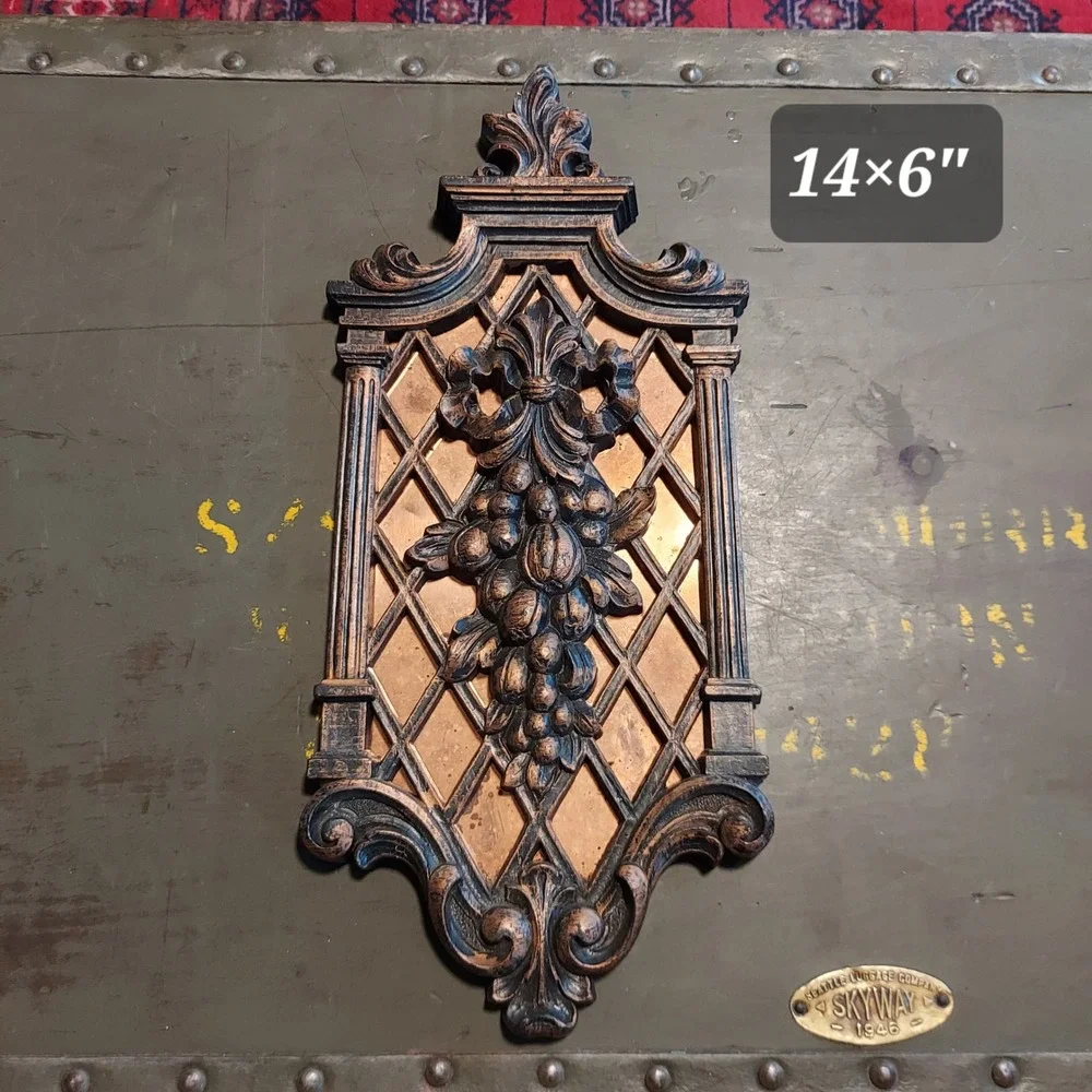 Vintage Ornate Copper & Plastic Grape Harvest Wall Plaque Lattice Relief Decor